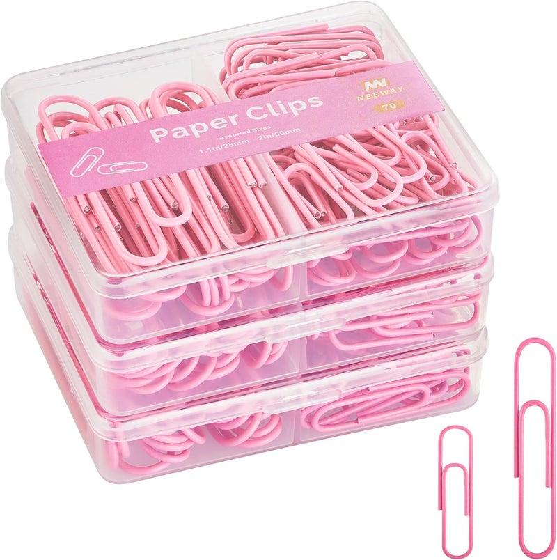 NEEWAY Colorful Paper Clips Assorted Sizes, Small and Large Paperclips, 210 Count, 3 Pack of 70 (Rose Pink) - Image 1